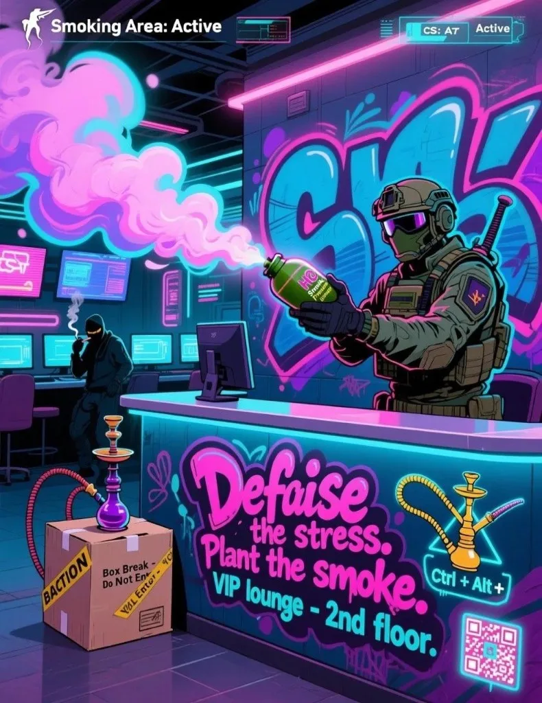 Постер кальянной зоны AIM: киберпанк-арт Smoking Area, Defuse the stress, Plant the smoke